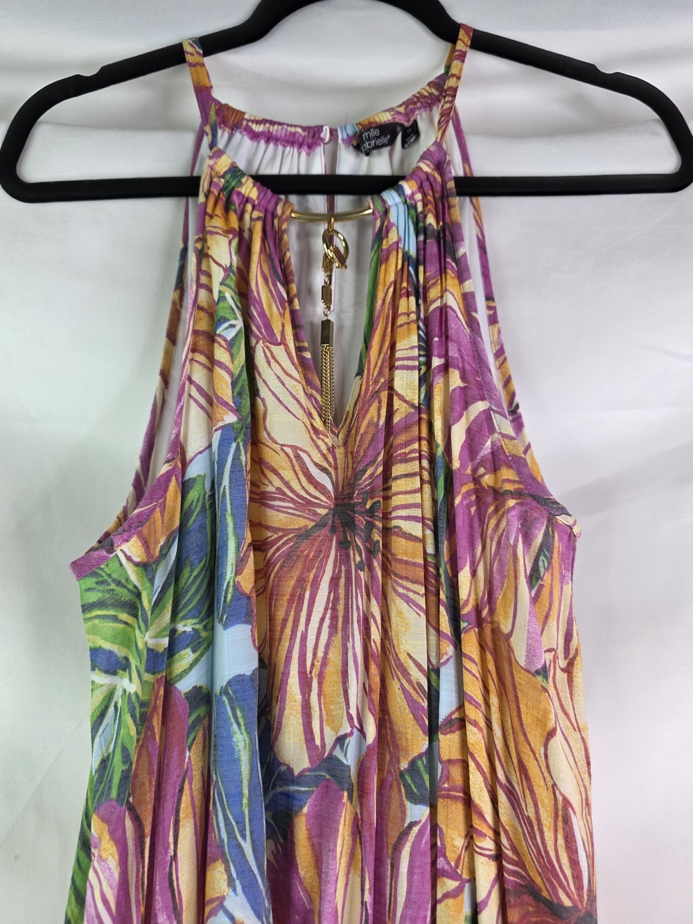 Mlle Gabrielle Floral Halter Maxi Dress in Purple, Yellow and Green